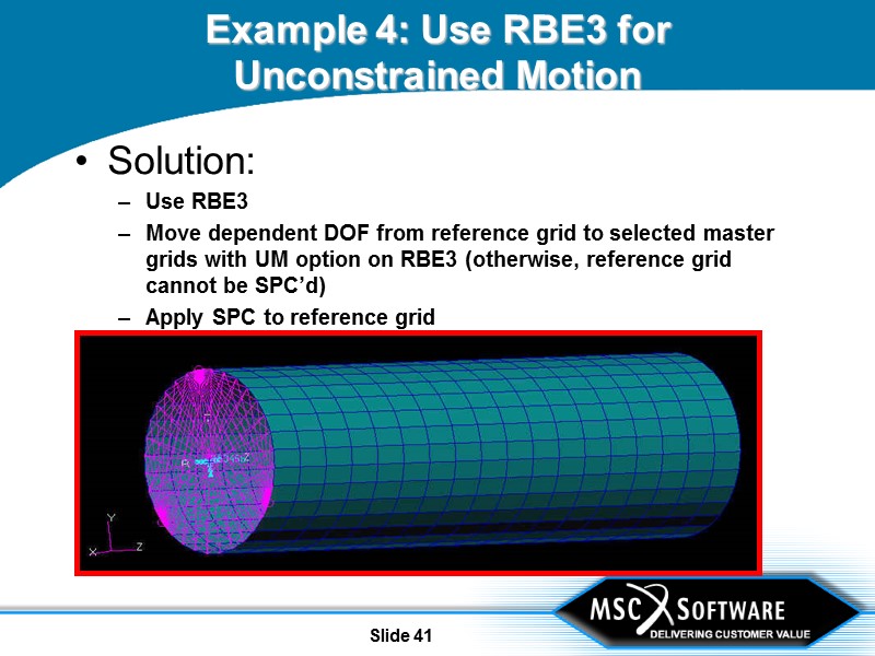 Slide 41 Example 4: Use RBE3 for Unconstrained Motion Solution: Use RBE3 Move dependent